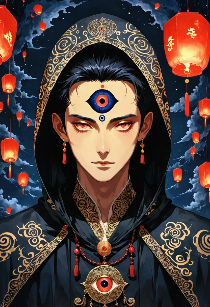 Art Illustration,Dark Style,(((1 Boy,独奏,third eye on the forehead,))),(((Hooded Cape:1.6,Eye Diagram,Dark Pattern))).whole body,Paper lanterns in the sky,Kongming Lantern,Death Stare。,moonlight