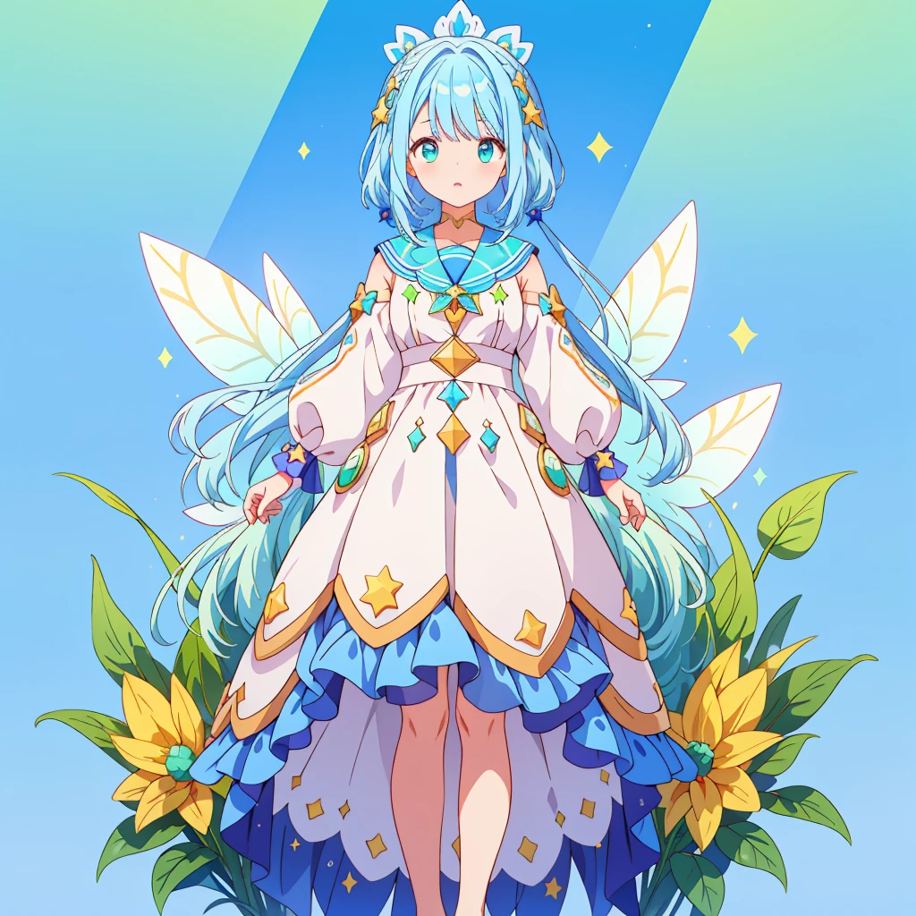 1girl、Standing in front of the viewer、Original, unique and cute hairstyle、Star Fairy、Star incarnation、Character design front view、A picture facing the viewer、(((Super detailed、Highest quality、Masterpiece)))、Original cute hairstyle、Milky white and blue hair color、Simple Green Background、vtuber-fullbody,