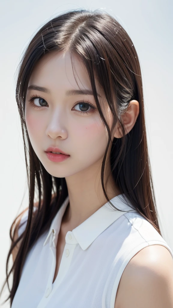 (((forehead、Northern Europe、White、beautiful girl、Black Hair、White Background、Golf Wear、cute、young、True Face、Shiny Hair、whole body)))、Tabletop, Highest quality, shape, Very detailed, finely, High resolution, 8k wallpaper, Perfect dynamic composition, finelyて美しい目, Deco Out,blonde, chest, Natural color lip,White Background, random cute poses,