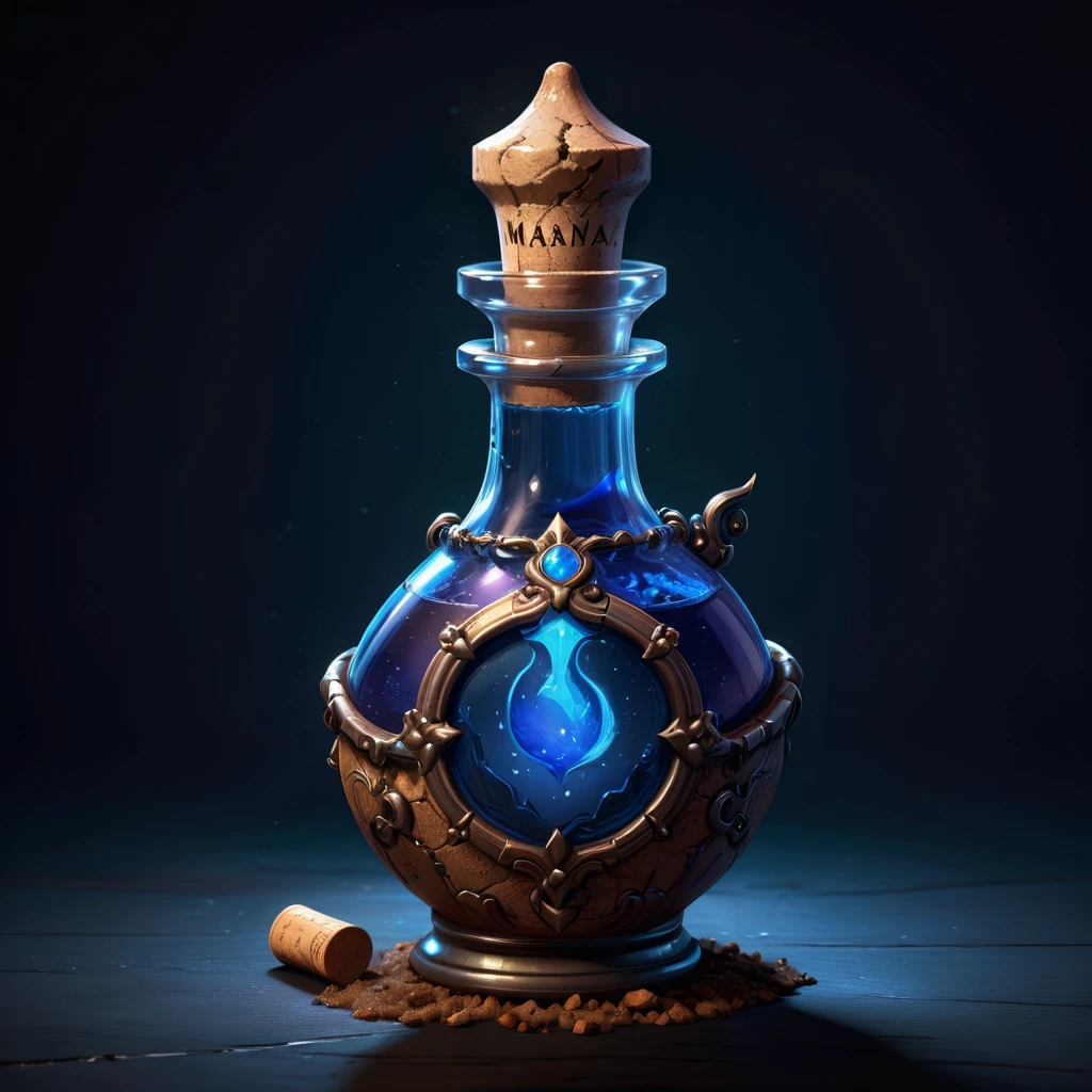 pixel art, a Mana potion with a cork, label with blue crescent, dark background, simple, game icon, detailed, high definition, vibrant colors