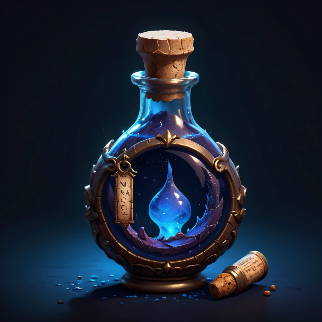 pixel art, a Mana potion with a cork, label with blue crescent, dark background, simple, game icon, detailed, high definition, vibrant colors