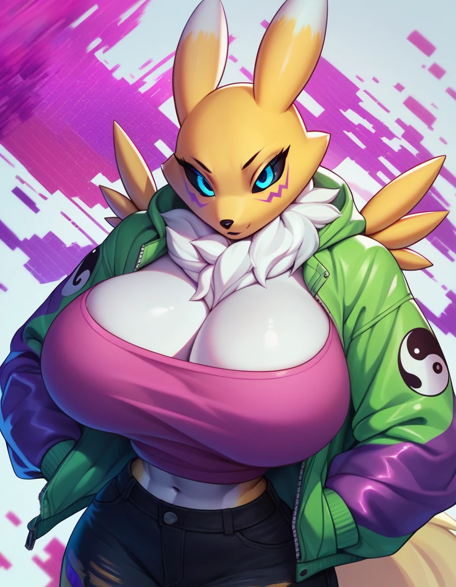 Renamon female, wearing Jacket  ,Glitch body , huge Breasts ,