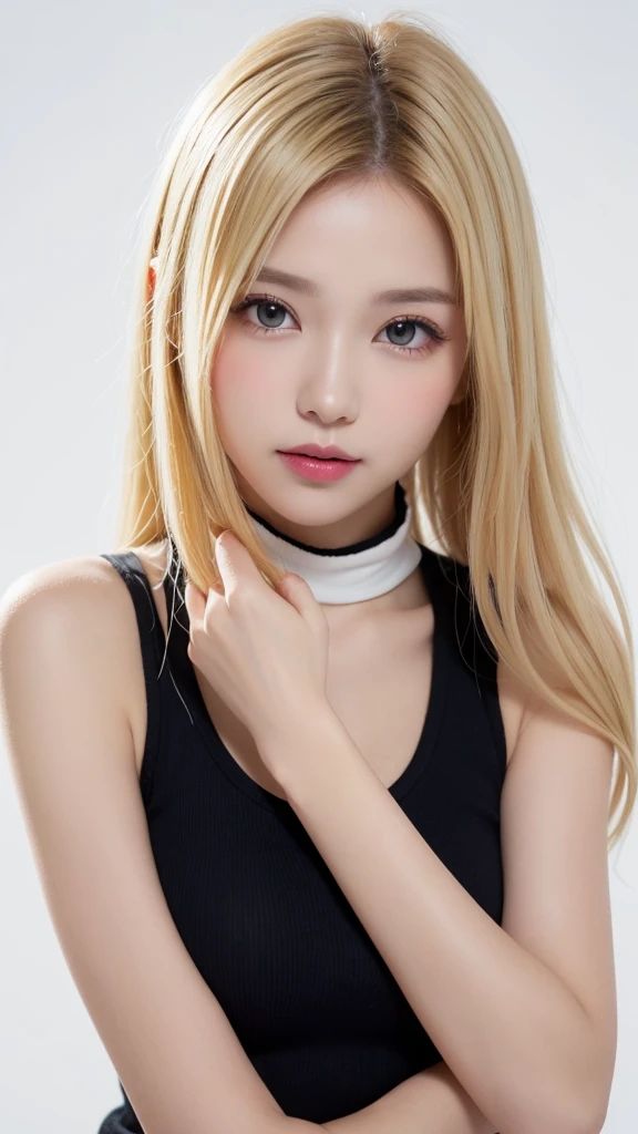 (((forehead、Northern Europe、White、beautiful girl、ホワイトblonde、Blonde、White Background、High neck sleeveless、cute、young、True Face、Shiny Hair、whole body)))、Tabletop, Highest quality, shape, Very detailed, finely, High resolution, 8k wallpaper, Perfect dynamic composition, finelyて美しい目, Deco Out,blonde, chest, Natural color lip,White Background, random cute poses,