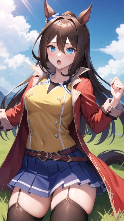 masterpiece, best quality, highres, aaelcondor, blue eyes, animal ears, hair between eyes, horse tail, yellow shirt, red coat, belt, blue skirt, pleated skirt, thighhighs, :o, warzia, grass,