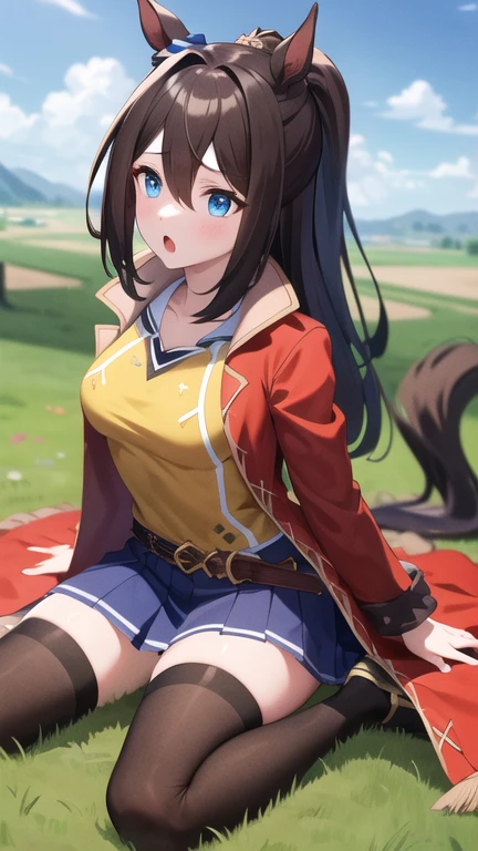 masterpiece, best quality, highres, aaelcondor, blue eyes, animal ears, hair between eyes, horse tail, yellow shirt, red coat, belt, blue skirt, pleated skirt, thighhighs, :o, warzia, grass,