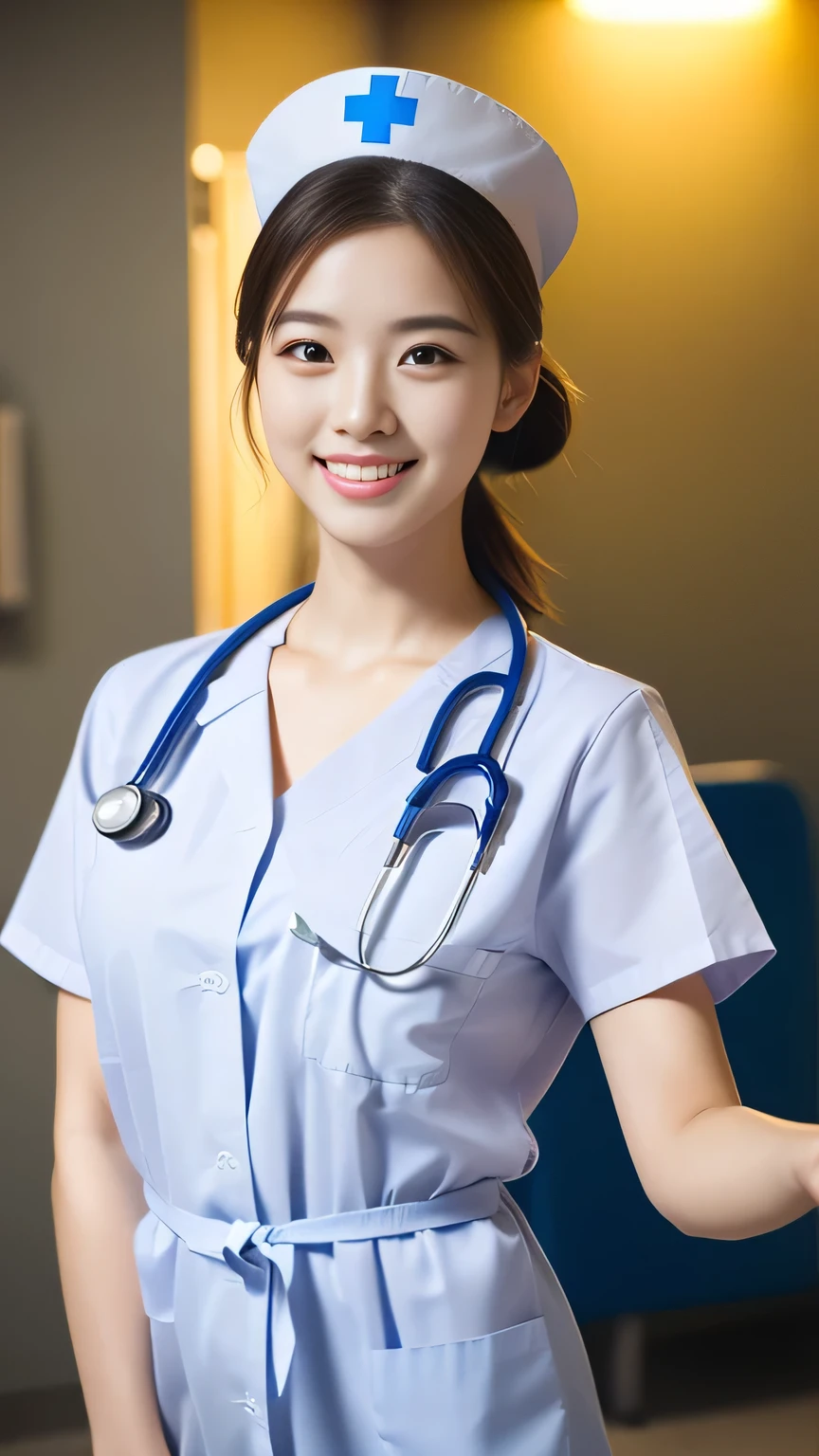 (Ulzzang-6500-v1.1, masterpiece, highest quality:1.3, ultra-detailed 8k:1.2, hyperrealistic:1.35, raw photo:1.2, highest quality, high resolution, wallpaper, realistic, dramatic, realistic painting art by midjourney:1.3, 1 nurse, 28yo, white nurse uniform, basic nurse cap, short white tight skirt:1.3, super beautiful, beautiful skin, dimples, beautiful and detailed eyes, detailed face, symmatrical face, perfect style, treatment room in a hospital room, cowboy_shot, ample bosom, very detailed face, stethoscope, double eyelid, snaggle-tooth, brown eyes, short ponytail hair, chest strengthening, emphasize body line, friendly smile, beautiful lips, glossy lips, white teeth, detailed background of the hospital room, perfect lighting, natural soft light)