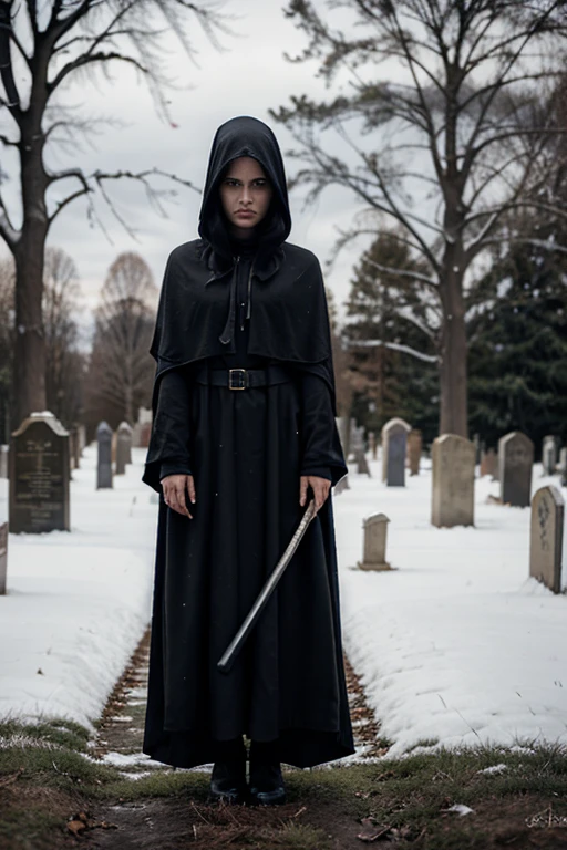 very scary woman in winter clothes in cemetery wearing cloak scared cursed woman holding scythe