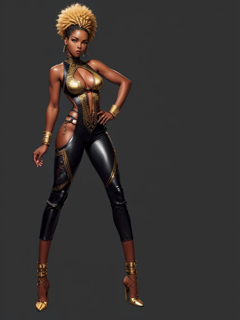((best quality)), ((4k)), ((highres)), ((masterpiece:1.2)). ((detailed)), ((ultra realistic)), ((intricate details)), ((full body picture)), ((solo character)), a full body picture of a beautifull Ebony skinned female, black woman, dark skin, perfect face, detailed eyes, detailed lips, about 25 years old, about 5'5 ft. tall, punk black woman, punk style, afro-punk, afro-punk hair style, side shaved hair ((emphasis on her side shaved hair)), side-shaved afro hair style, ((emphasis on her side-shaved afro hair style)), muscular body, hourglass body type, thick and muscular, dressed in a golden top ((emphasis on her gold tank top)), and black leather pants, high heels, fighting game character concept art, tekken character design, the king of fighters character concept, full bofy, full body concept art, full body art