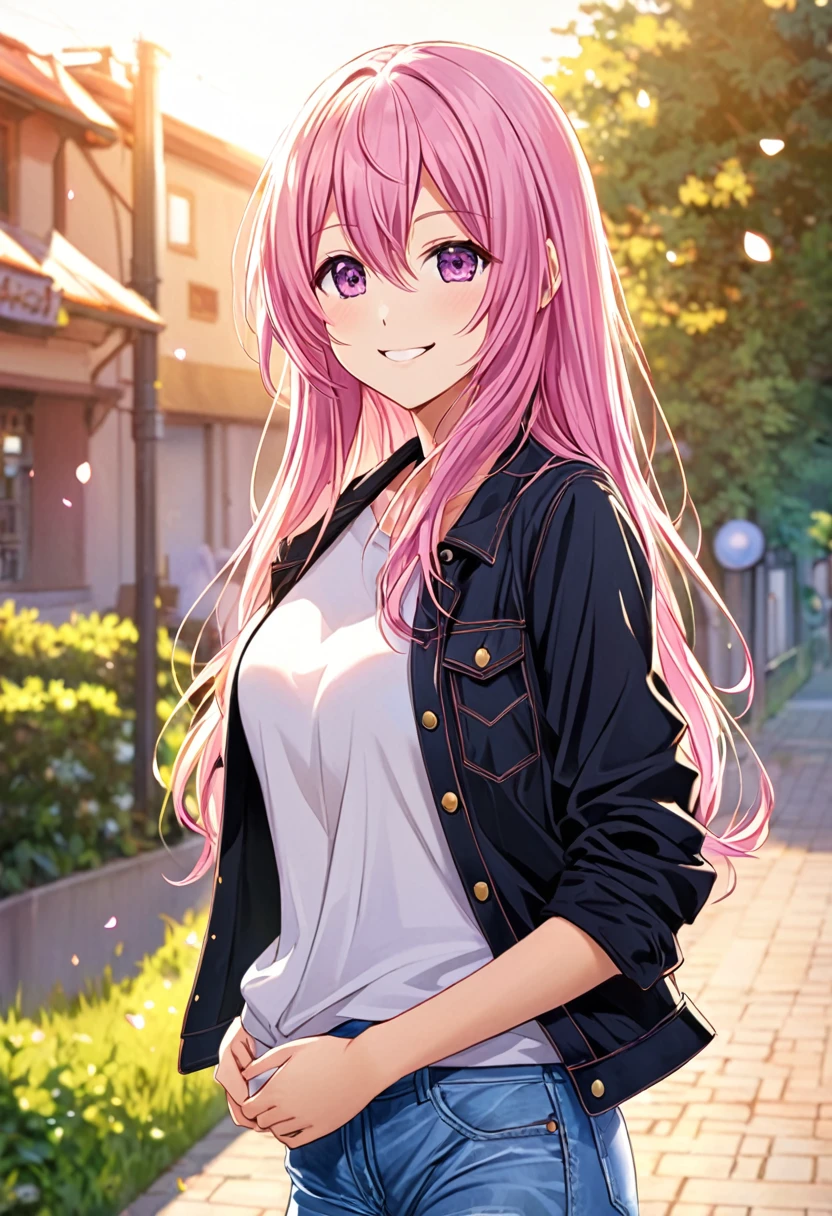 Megurine Luka smile casual clothes jeans pants colored morning peace upper body