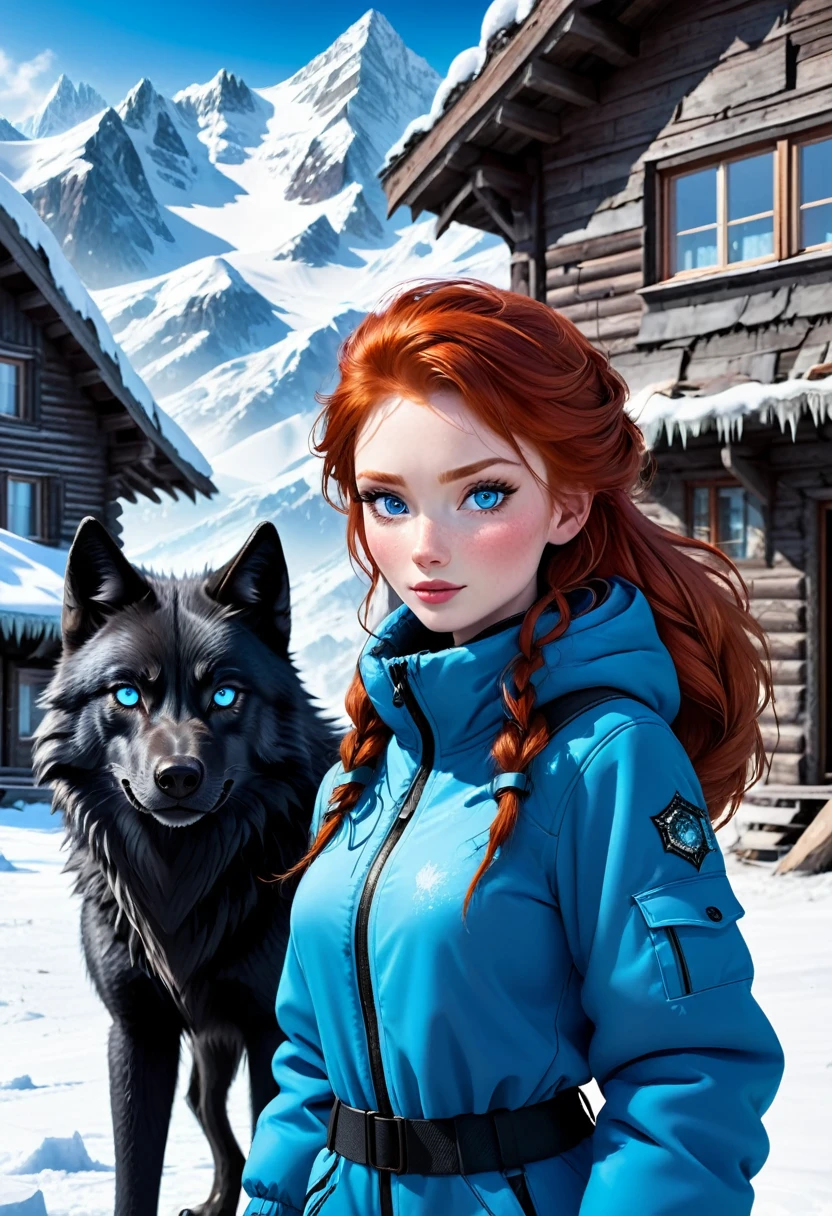 redhead in a snow suit and a black wolf with blue eyes next to her, with the background of frozen mountains and next to a small destroyed chalet 