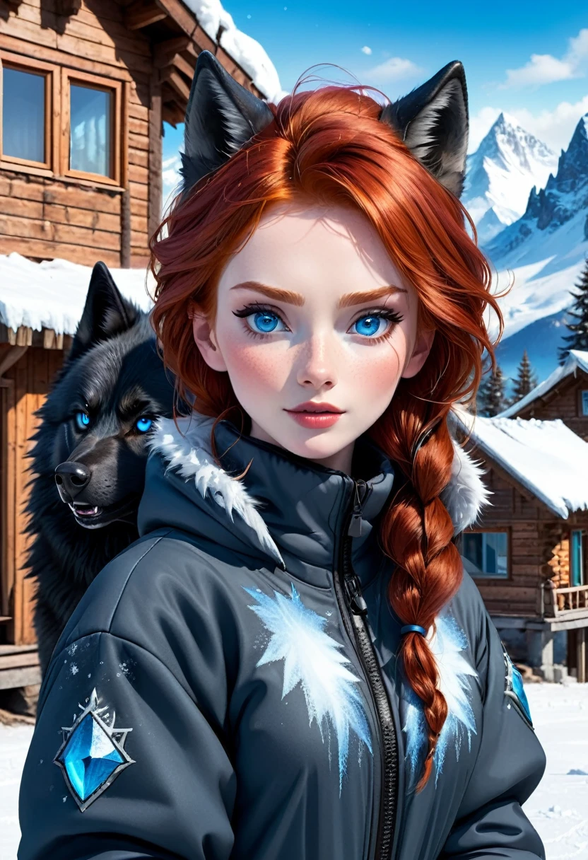 redhead in a snow suit and a black wolf with blue eyes next to her, with the background of frozen mountains and next to a small destroyed chalet