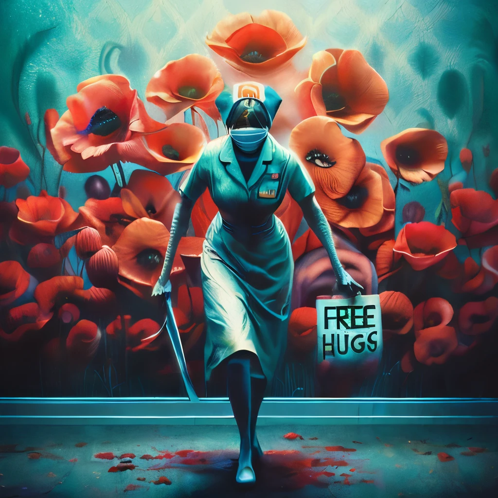 A stunning image of a horrifying faceless nurse, against a backdrop of wallpaper with large poppies. The nurse is limping, carrying a sign that reads 'HUG ME'. The style is moody, cinematic horror with a dynamic composition, grainy and noisy, reminiscent of concept art by Alberto Seveso, Cyril Rolando, and Dan Mumford. The artwork is meaningful, detailed, created with the look of digital illustration, Unreal Engine 5, in a 32k maximalist, hyper-detailed fantasy art style, with 3D digital art elements, sharp focus, and the quality of a masterpiece in dreamcore.
