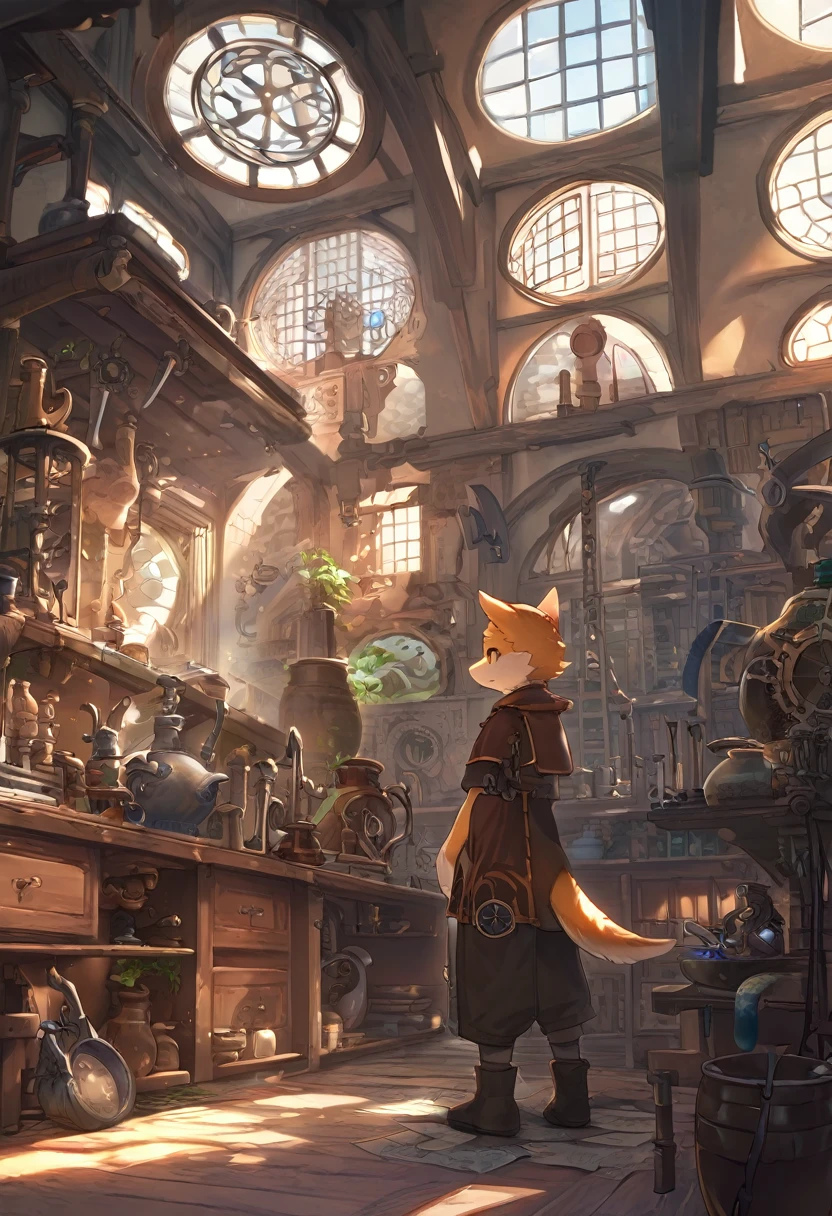 cover page, highres, top quality, best quality, paid reward available, unparalleled masterpiece, perfect artwork, absurdres, High-quality illustrations, super high resolution, detailed background, perfect anatomy(1boy, solo, kemono, furry anthro, alchemist, Experimenting)many pottery, in room with many windows, in cluttered lab, in steampunk laboratory, fantasy alchemist laboratory, weapon shop interior, cinematic lighting,