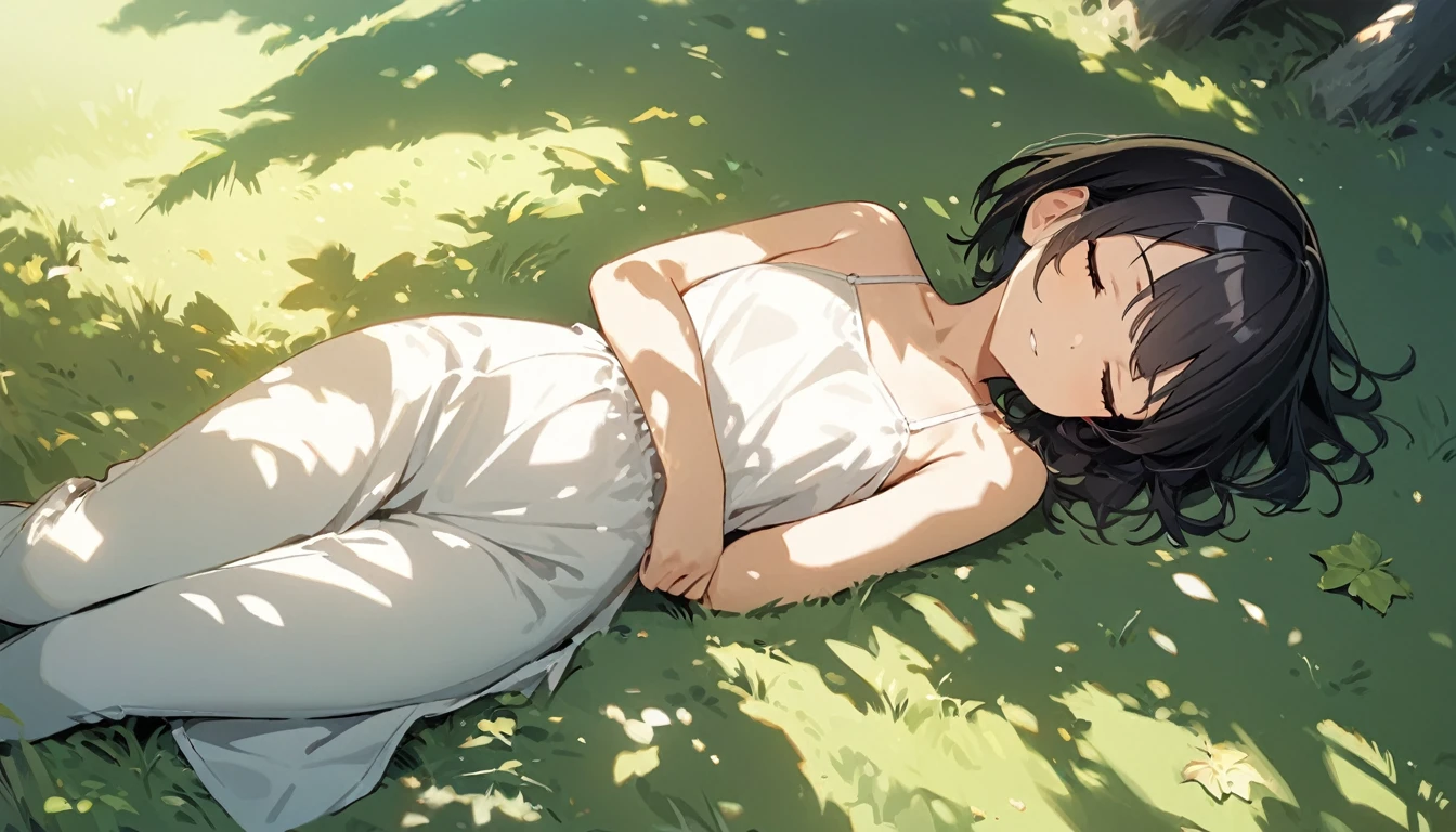 1girl, solo, gentle smile on her face flat chest, short hair, black hair, ((masterpiece, illustration, best quality)) ((best quality)), ((masterpiece)), (masutepiece:1.5, Best Quality:1.5), 1girl, solo, on side, closed eyes, black hair, lying,short hair, sleeping, full body, shadow, sunlight, streaked hair, signature, leaf, bangs, from above, closed mouth, outdoors, day, shade, grass, parted lips, dappled sunlight, white dress shirt, white pants