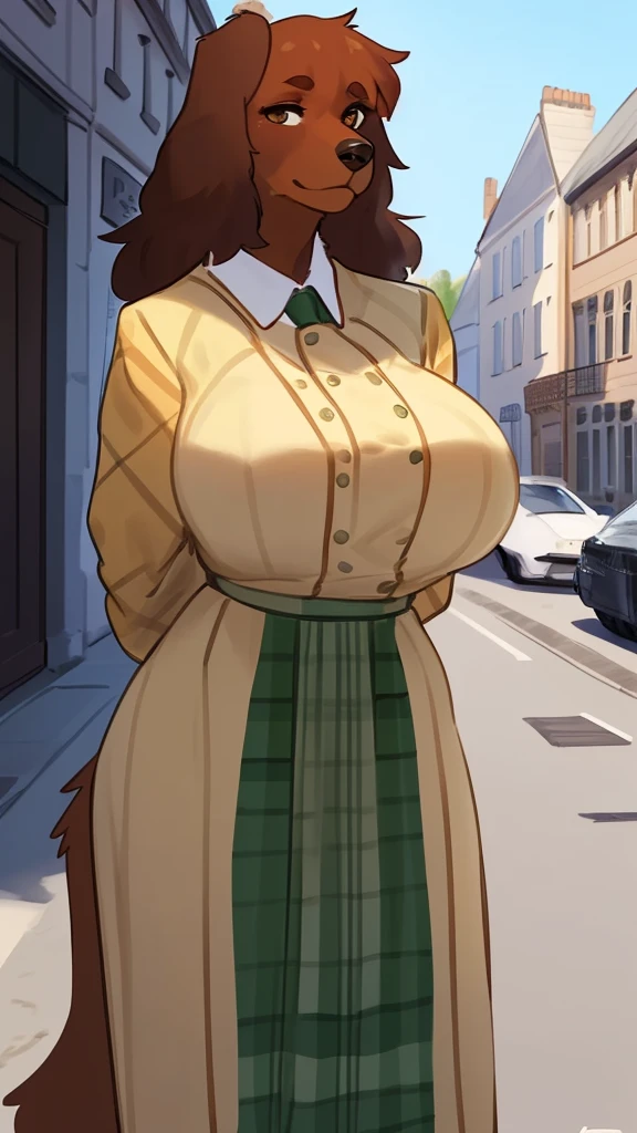 By bebebebebe, by lostgoose, by goonie-san, solo, female, canine, (((hair, irish setter))), white fur, standing, (tail, snout, detailed eyes), standing, (french city, detailed eyes), ((burberry dress)), big breasts, big breasts, hands behind back, chubby, overweight