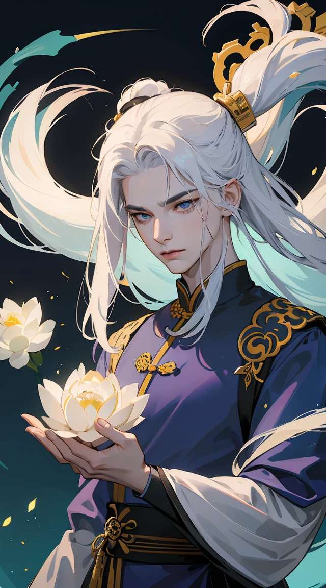 best qualityer,ultra detali,realisitic:1.37),LONG white hair, Light blue iris,tall and strong chinese man, moderno, black and gold traditional chinese clothing , milky and smooth skin, with a dagger in his hand, lotus flower particles,d&charachter,sharp focus,Physically based rendering,proffesional,bright coloured,bokeh,portraite, anatomically perfect hands, pleasant and beautiful face, fierce gaze
