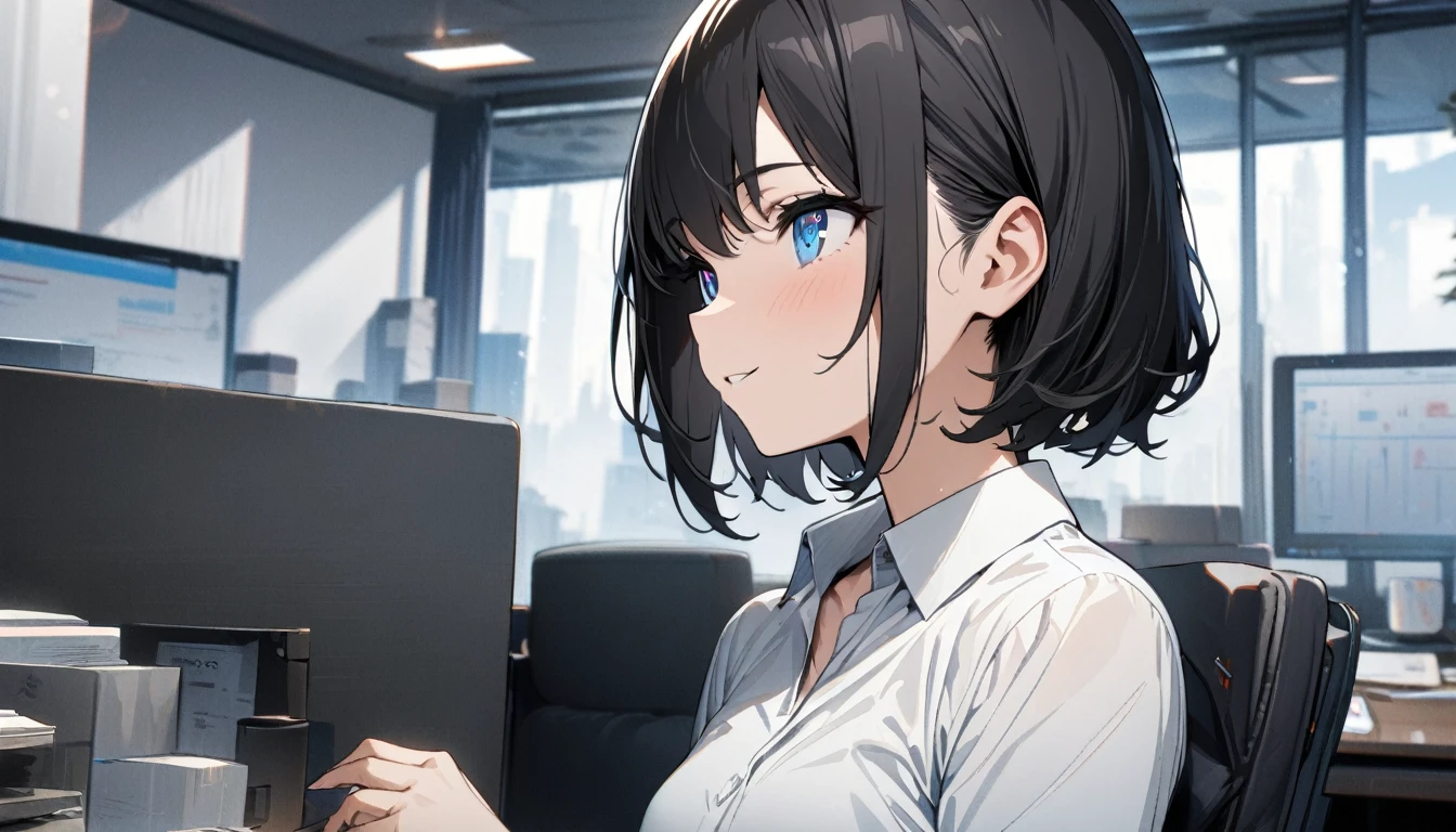 1girl, solo, gentle smile on her face flat chest, short hair, blue eyes, (detailed eyes), black hair, ((masterpiece, illustration, best quality)) ((best quality)), ((masterpiece)), (detailed), perfect face, Office lady, black hair, short hair, office suit, ultra high resolution, ultra high details