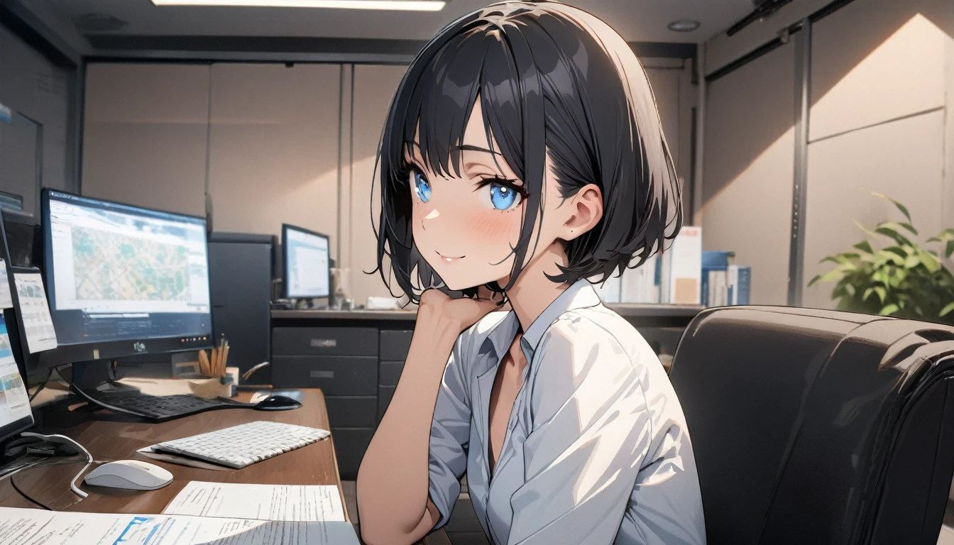 1girl, solo, gentle smile on her face flat chest, short hair, blue eyes, (detailed eyes), black hair, ((masterpiece, illustration, best quality)) ((best quality)), ((masterpiece)), (detailed), perfect face, Office lady, black hair, short hair, office suit, ultra high resolution, ultra high details