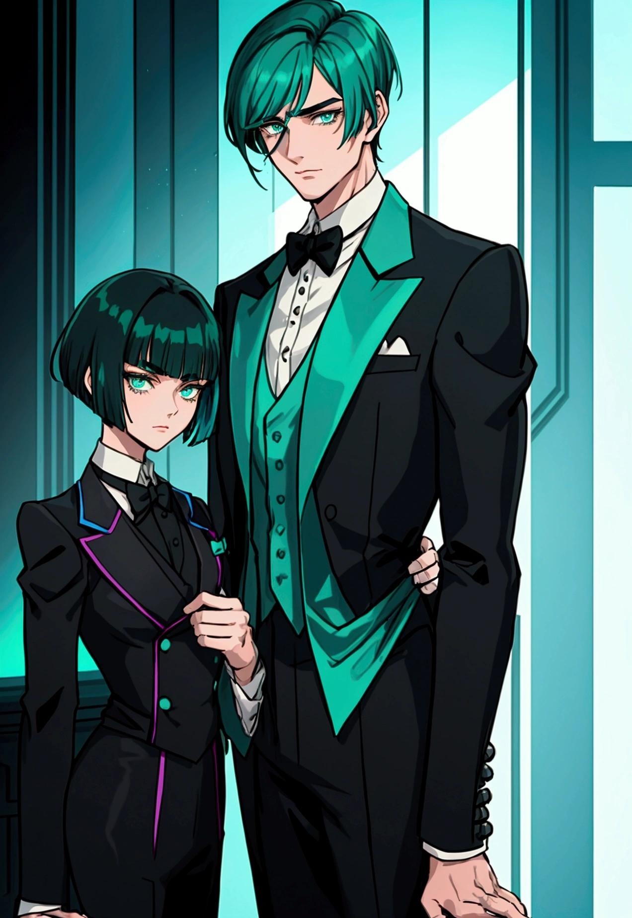 (masculine) (man) (He has short dark green hair with bangs that reach his eyebrows.. The bangs on her left are longer., It reaches to the nose and has a turquoise ombre.) (butler clothes) (android) (a single model) (robotic parts) (cyberpunk butler)