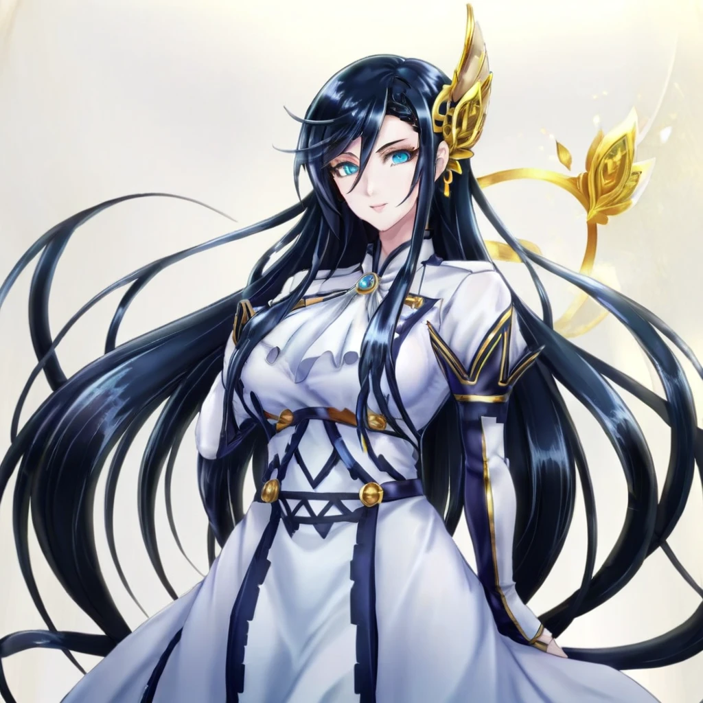 anime artwork a  full body tall woman in a white dress, long black hair, golden head ornament, detailed eyes . anime style, key visual, vibrant, studio anime,  highly detailed