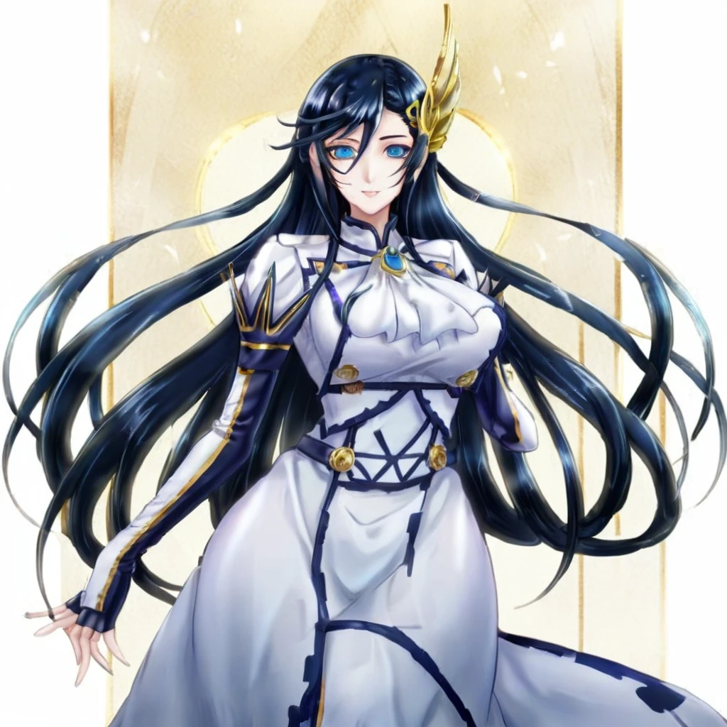 anime artwork a  full body tall woman in a white dress, long black hair, golden head ornament, detailed eyes . anime style, key visual, vibrant, studio anime,  highly detailed