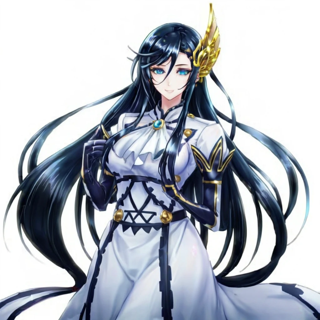 anime artwork a  full body tall woman in a white dress, long black hair, golden head ornament, detailed eyes . anime style, key visual, vibrant, studio anime,  highly detailed