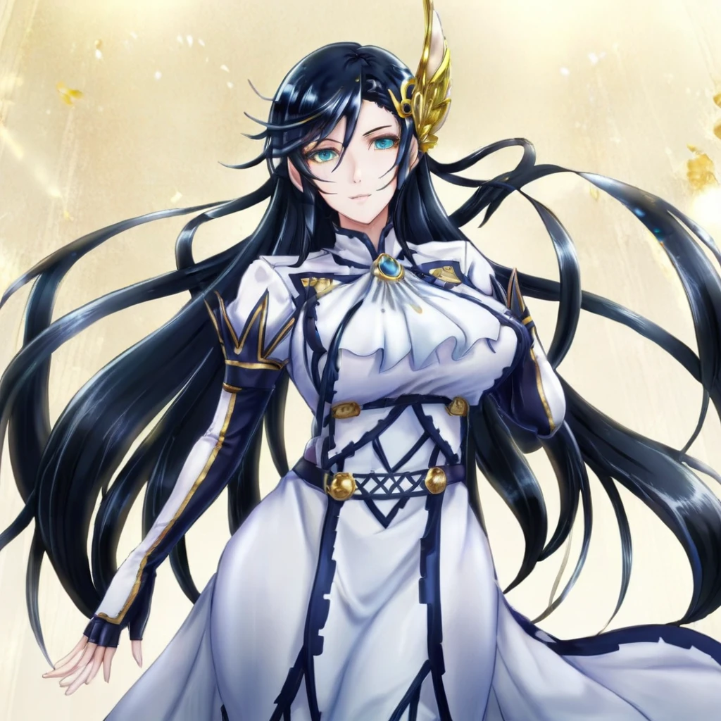 anime artwork a  full body tall woman in a white dress, long black hair, golden head ornament, detailed eyes . anime style, key visual, vibrant, studio anime,  highly detailed