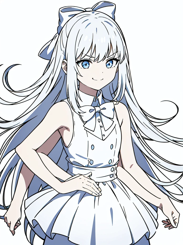(1girl,8 years old,small),white hair,long hair,white dress, sleeveless, bow tie, bare shoulders,angry,smile,upper body,looking at view, hand on hip,extra arms,(simple background)