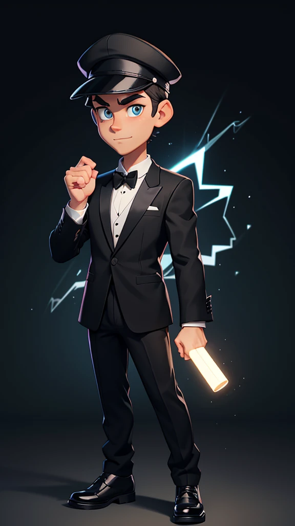 create a male character wearing a black cap, white long-sleeved dress shirt and black tie, black dress pants and safety shoes with a flashlight in his hands looking for something Cartoon style for a game