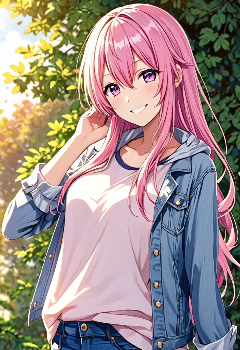Megurine Luka smile casual clothes jeans pants colored morning peace upper body