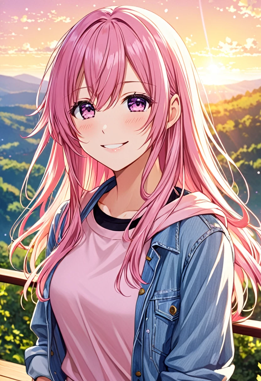 Megurine Luka smile casual clothes jeans pants colored morning peace upper body