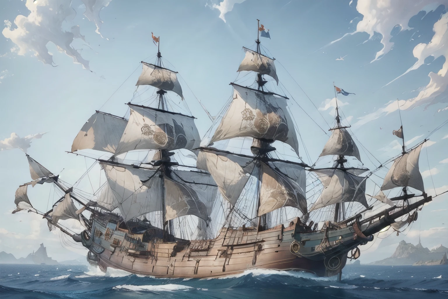(masterpiece, Highest quality:1.2), 1 Galleon, alone, (full sail:1.4), (Draw accurate and detailed rigging)、(Accurately detailed bow and stern drawings)、