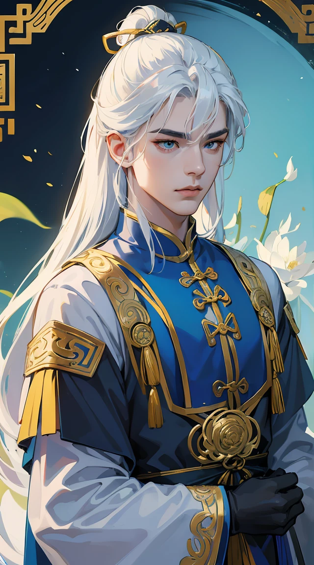 best qualityer,ultra detali,realisitic:1.37),LONG white hair, Light blue iris,tall and strong chinese warrior man, moderno, black and gold traditional chinese clothing , milky and smooth skin, with a dagger in his hand, lotus flower particles,d&charachter,sharp focus,Physically based rendering,proffesional,bright coloured,bokeh,portraite, anatomically perfect hands, pleasant and beautiful face, fierce gaze