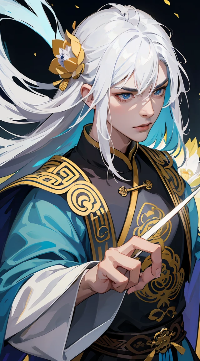 best qualityer,ultra detali,realisitic:1.37),LONG white hair, Light blue iris,tall and strong chinese warrior man, moderno, black and gold traditional chinese clothing , milky and smooth skin, with a dagger in his hand, lotus flower particles,d&charachter,sharp focus,Physically based rendering,proffesional,bright coloured,bokeh,portraite, anatomically perfect hands, pleasant and beautiful face, fierce gaze