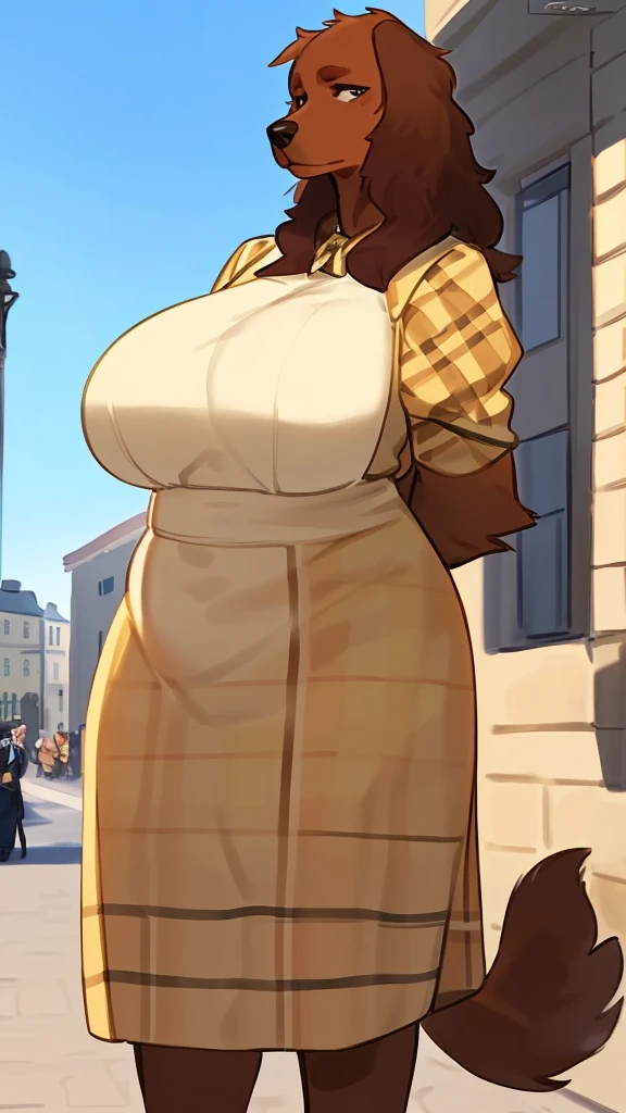 By bebebebebe, by lostgoose, by goonie-san, solo, female, canine, (((hair, irish setter))), white fur, standing, (tail, snout, detailed eyes), standing, (french city, detailed eyes), ((burberry dress)), big breasts, big breasts, hands behind back, chubby, overweight