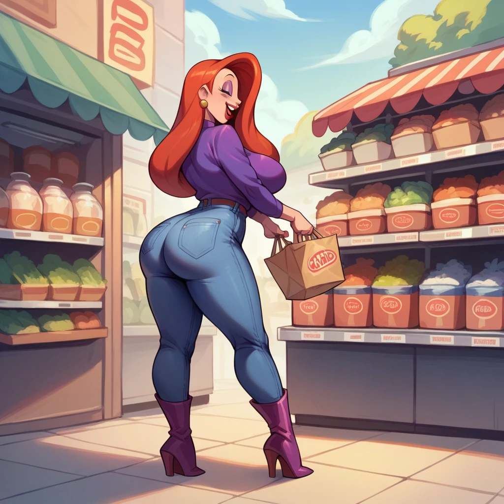 Jessica rabbit is sucking the penis of  a fat young man in a bar, she is wearing a top and jeans and long boots, he is wearing a shirt and jeans, she is on her knees