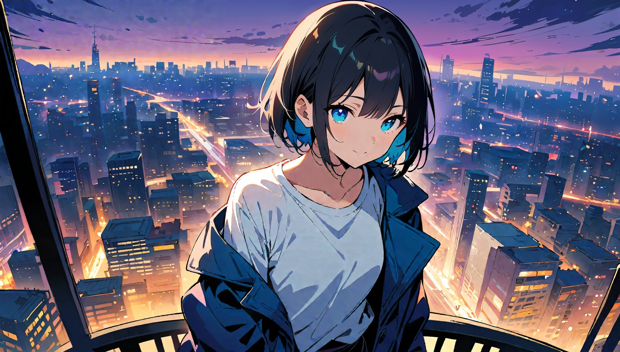 1girl, solo, blue eyes, (detailed eyes), flat chest, short hair, black hair, ((white t-shirt)), simple t-shirt, black skirt, black socks, standing, upper body, gentle smile on her face((masterpiece, illustration, best quality)) girl in a blue coat Wear sunglasses Behind is the cityscape in the evening. There are twinkling lights of the city amidst the blue, blue, and purple sky. Cool girls stand on high balconies or bridges. Looking out at the city with a confident and calm expression. The colors of the picture emphasize the dramatic tone. close up to the face