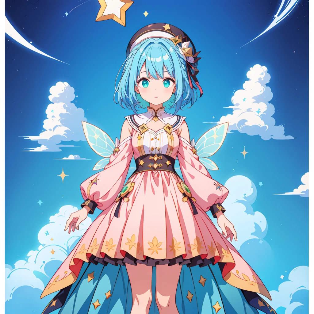 1girl、Standing in front of the viewer、Original, unique and cute hairstyle、Star Fairy、Star incarnation、Character design front view、A picture facing the viewer、Gothic clothing in all black、The hat is round, distinctive and cute.、(((Super detailed、Highest quality、Masterpiece)))、Original cute hairstyle、Milky white and blue hair color、Simple Green Background、vtuber-fullbody,