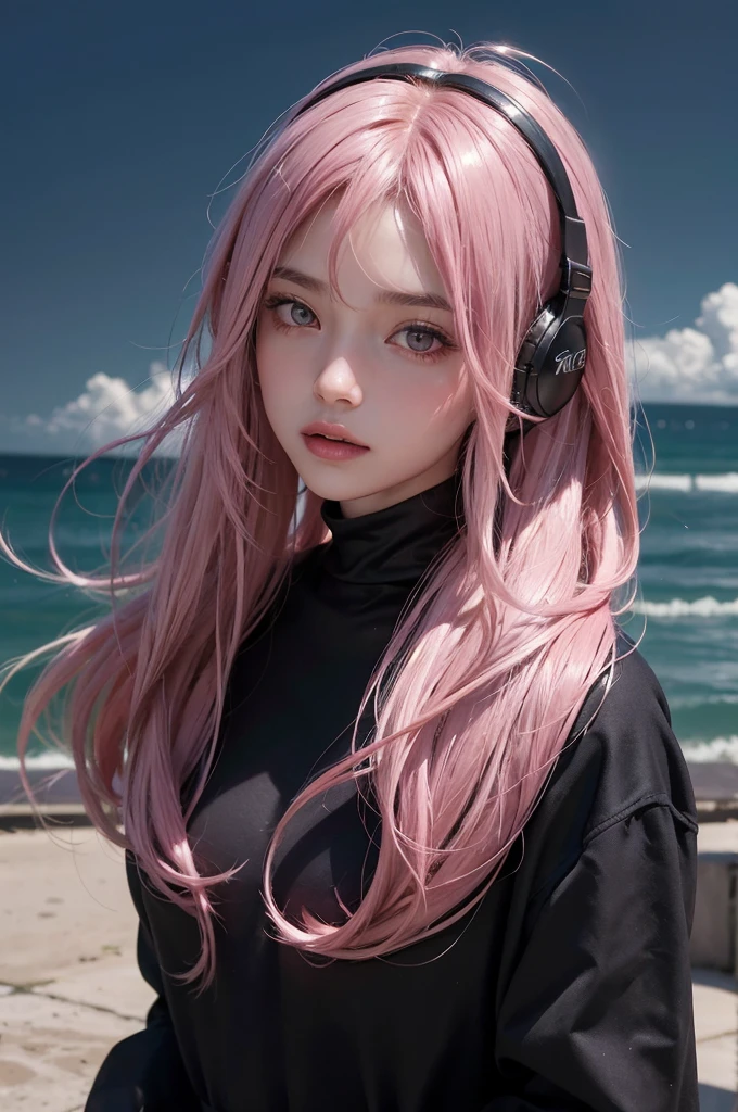 20-year-old woman, Dark Theme, Calm tone, Calm colors, High Contrast, (Natural skin texture, Hyperrealism, Soft Light, sharp)Pink Hair, Ahoge, Shiny Hair, Medium Hair, Shiny Hair, Hair blowing in the wind, Bob Hair, Deco bangs, Pink eyes, headphone