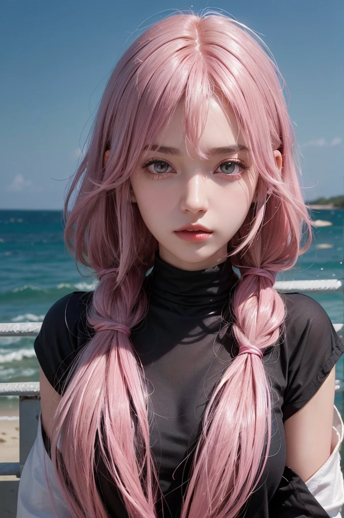 20-year-old woman, Dark Theme, Calm tone, Calm colors, High Contrast, (Natural skin texture, Hyperrealism, Soft Light, sharp)Pink Hair, Ahoge, Shiny Hair, Medium Hair, Shiny Hair, Hair blowing in the wind, Bob Hair, Deco bangs, Pink eyes, headphone