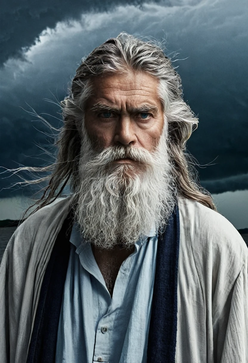 (1 old) medium long hair (offwhite) blue eye (in the middle of the storm (long clothes) serious and wise (bearded)