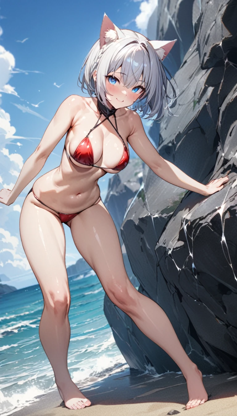(((best quality)), ((masterpiece)), (details), masterpiece, best quality, high quality, ulutra detailed, perfect face, ((1girl, Blue eyes, cat ears: 1.3 silver bob hair: 2.5,)) 、Shiny Hair、Glowing Skin、blush、Lustful look、whole body、smile、Sideboob、Underboob、Black string、 Red Micro Bikini、Sandy Beach、Ocean岸、Ocean水浴、enjoy、Gravure pose、blue sky、Ocean、barefoot、