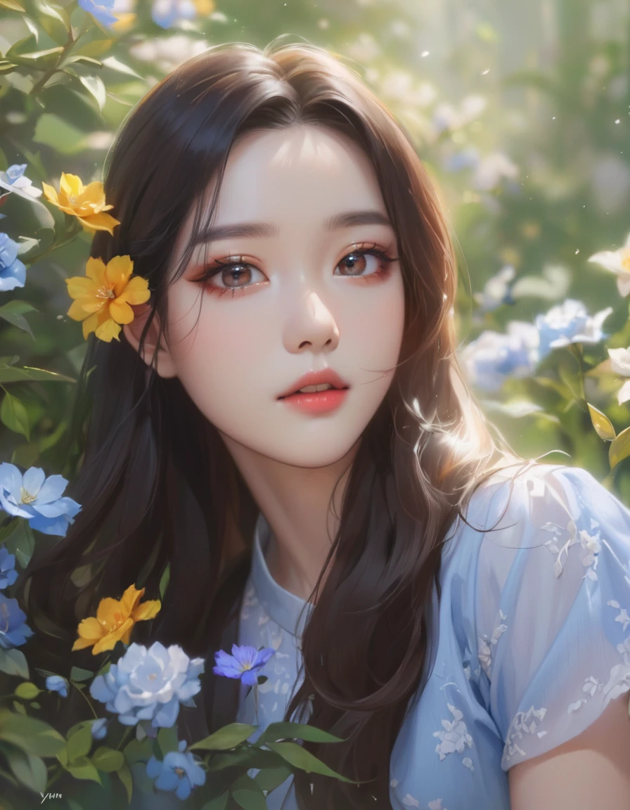 Close-up of a woman with long hair and a blue shirt, Popular Korean makeup, Dilraba Dilmurat, Popular Korean makeup, Beautiful Korean Women, Beautiful portrait, Soft Portrait Shot 8k, korean artist, Beautiful young Korean woman, Beautiful aesthetic face, With flowers, Written by Tang Xinyun Senna, Realistic. Chen Yi