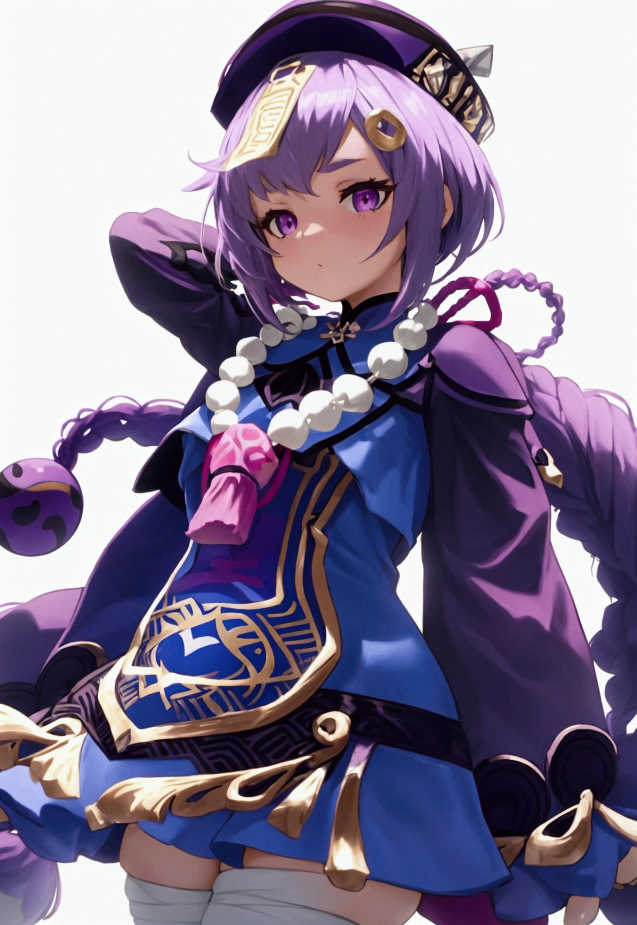 purple hair, rose eyes, short hair, nake, white background, smoll stature, shibi, flat cheast, flat tits