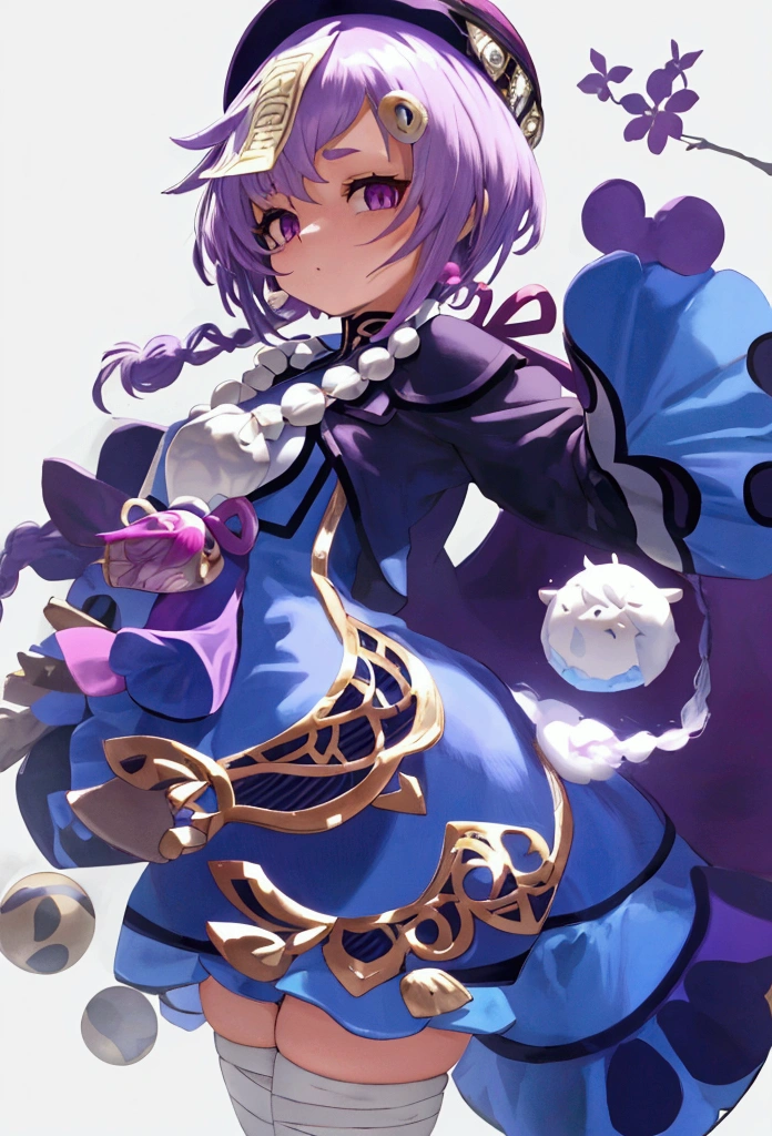 purple hair, rose eyes, short hair, nake, white background, smoll stature, shibi, flat cheast, flat tits