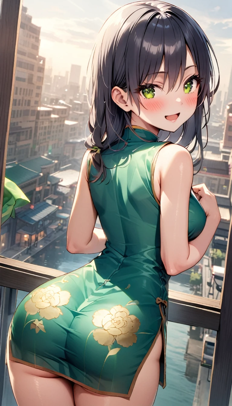 woman,20-year-old,city,(((green Silk cheongsam))),,open mouth smile((black hair)),blush、,((turn around and look back))()Reflecting the buttocks