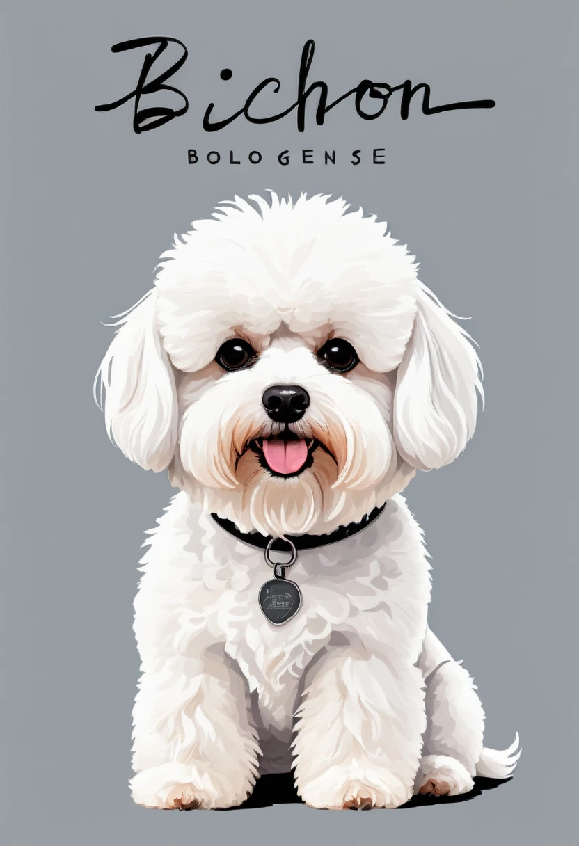 Bichon Bolognese t-shirt design, text logo: Bichon Frize, flat-colors, white backdrop