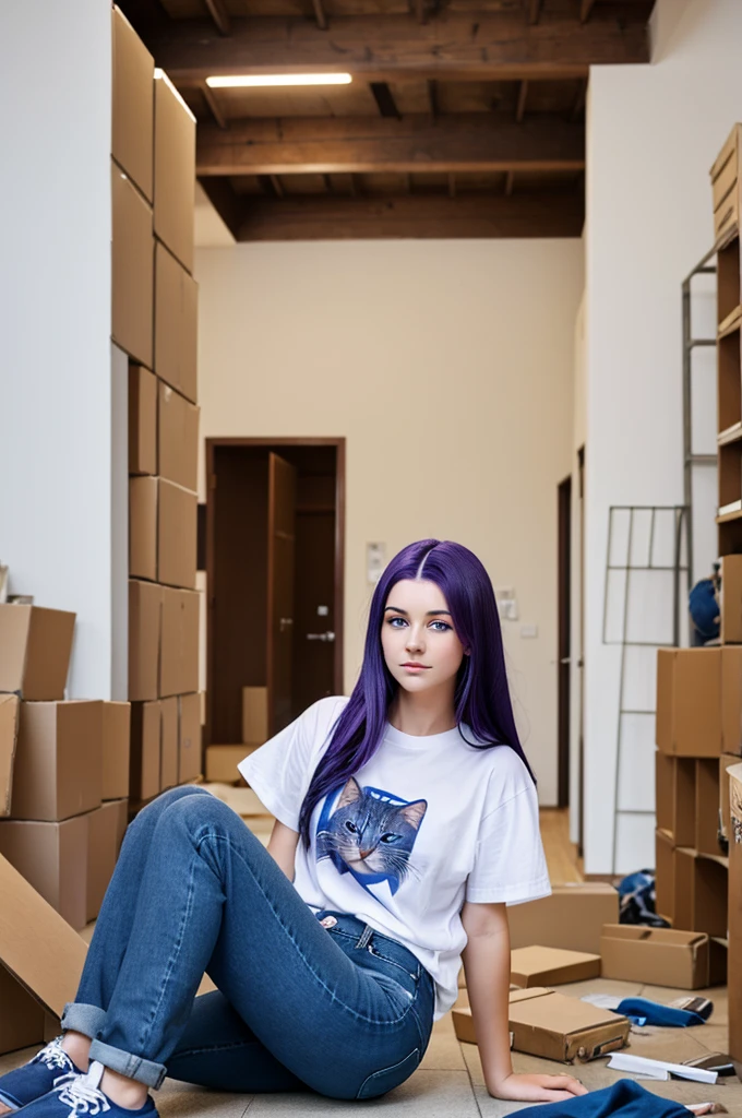 The young woman with dark purple hair and a nose piercing and blue eyes saw a cat around a corner of a hallway which is piled with boxes full of iron materials.