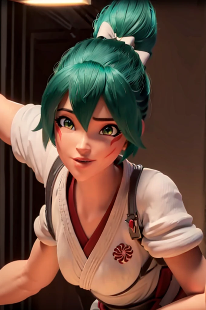 (((Fighting pose))),realistic, realism, photorealism, photo-realistic, high contrast, (photorealistic:1.4), 8k high definition detailed realistic, (best quality, masterpiece:1.2), NSFW, photon mapping, radiosity, physically-based rendering, best quality, highly detailed, 1girl, owkiriko, green hair:0.6, looks at the viewer, red dress, ((glowing eyes)),