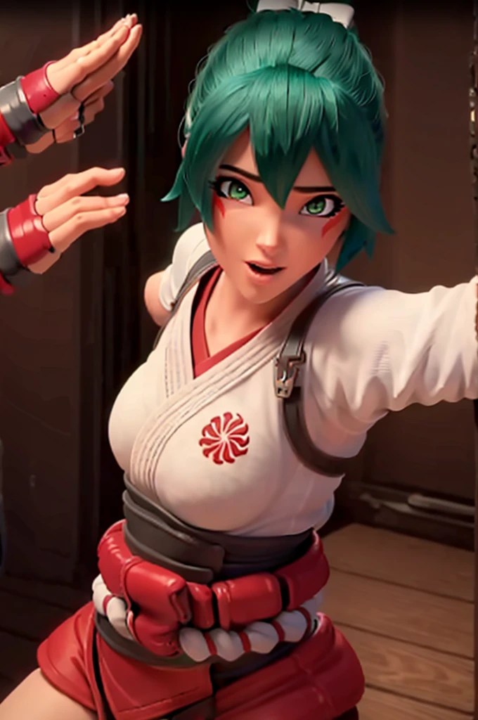 (((Fighting pose))),realistic, realism, photorealism, photo-realistic, high contrast, (photorealistic:1.4), 8k high definition detailed realistic, (best quality, masterpiece:1.2), NSFW,  photon mapping, radiosity, physically-based rendering, best quality, highly detailed, 1girl,  owkiriko, green hair:0.6, looks at the viewer, red dress, ((glowing eyes)),